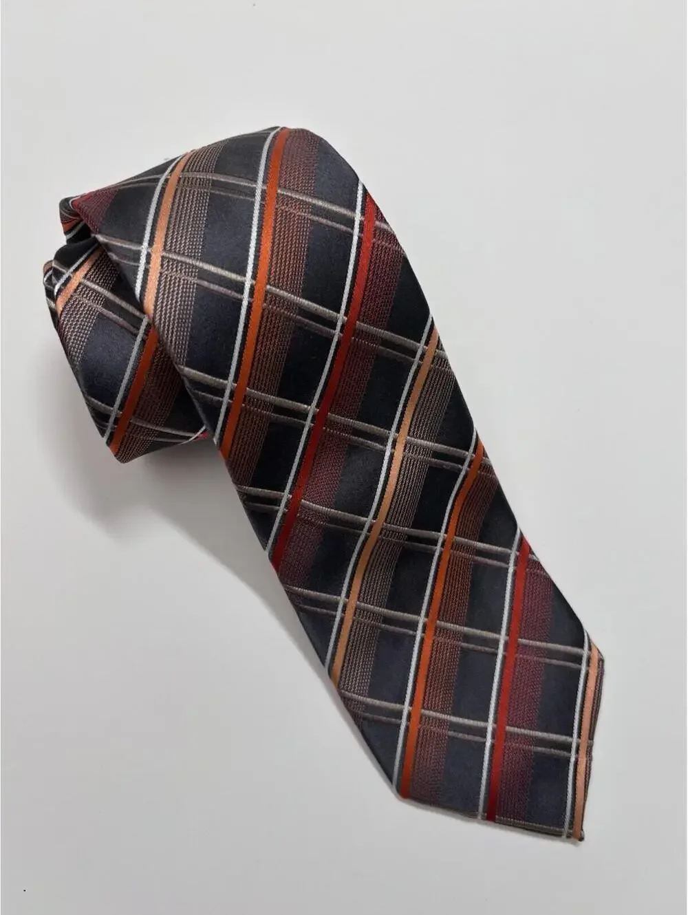 Alfani 100% Silk Tie In Orange And Grey Plaid‎